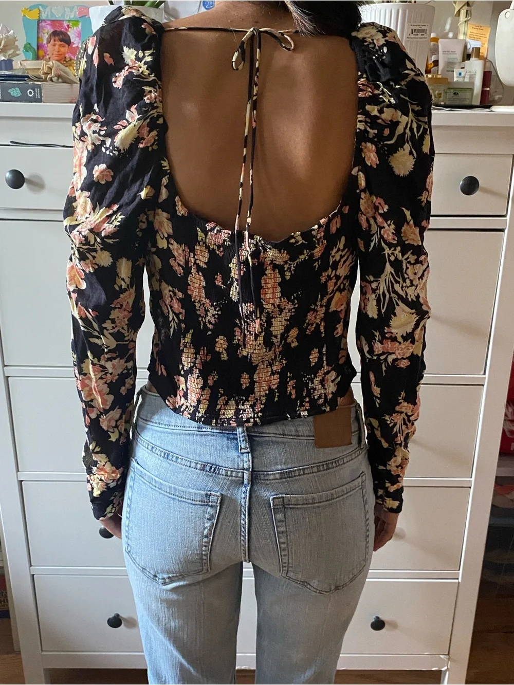 Free People Black Floral Puff-Sleeve Corset Top